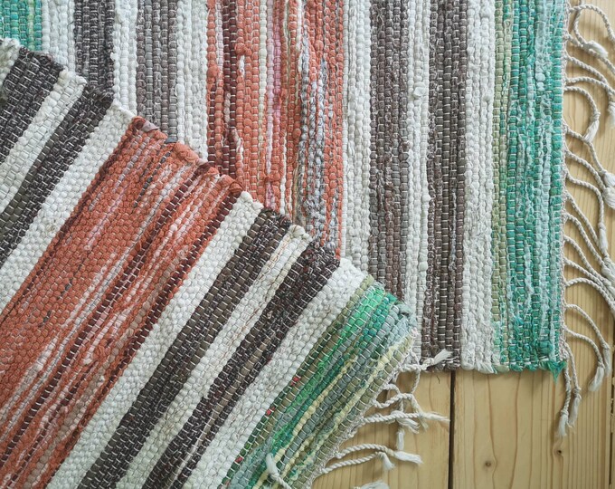 Swedish Vintage Rag Rug Woven Rag Rug Green Brown Orange Striped Rug