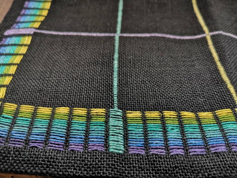 Embroided bright table napkin Black green yellow plaid napkin Embroidered table placemat