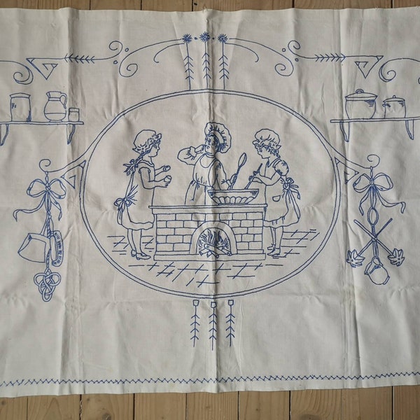 Antique valance Antique embroidered window panel White cotton Window valance with blue embroidery Window curtain