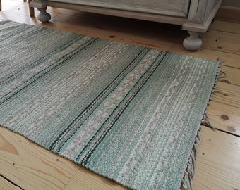 Swedish Vintage synthetic rug set for balconies terraces Woven sturdy rug Striped mint green rug Woven Scandinavian handmade rug
