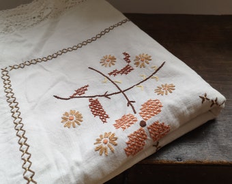 Antique white brown floral table cloth Embroidered table cloth Shabby Square table cloth