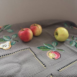 Embroidered table cloth Cross stitch apples pears table cloth Shabby fall Square table cloth featuring fruits