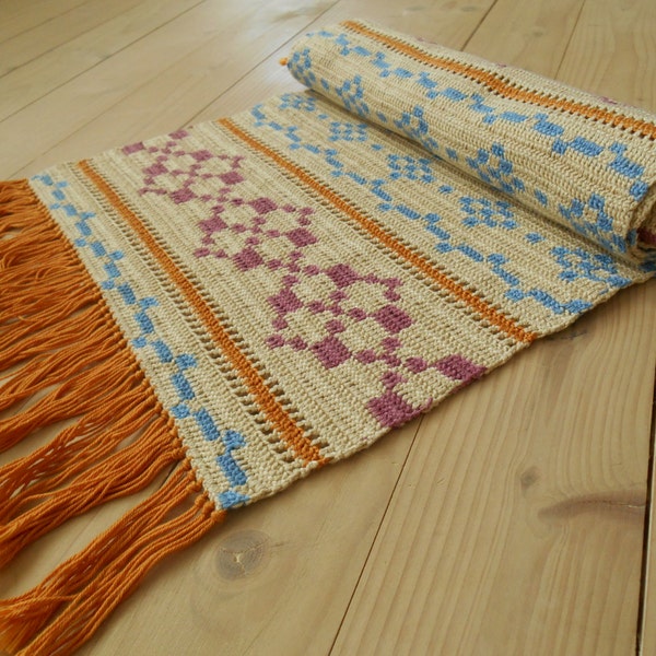 Vintage crochet table runner Patterned runner with fringes Multicolored crochet runner