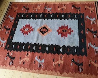 Vintage tribal wool rug Flat weave wool rug wool rug Large burned orange blue wool flat weave "rollakan" rug with boho pattern