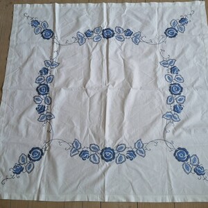Antique white blue table cloth Embroidered blue roses table cloth Cross stitch Blue roses table cloth Shabby Square table cloth with roses