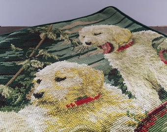 Vintage Embroidered pillow case featuring puppies Pillow cover Embroidered  pillow throw cushion