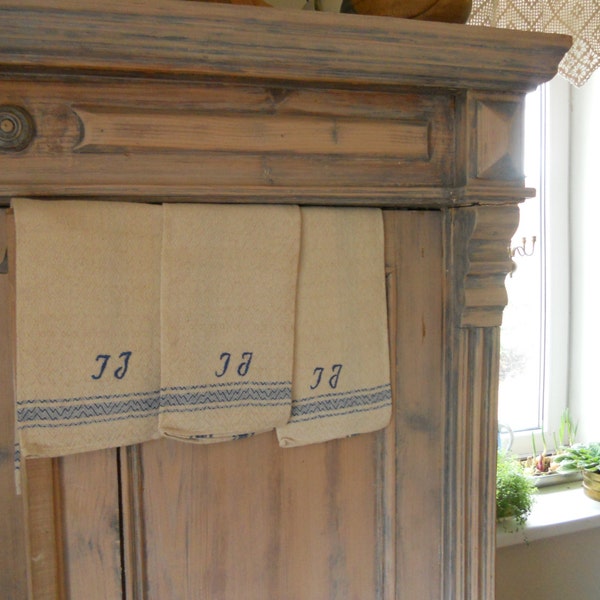 Antique linen kitchen towel Monogrammed IJ tea towels Linen towels with blue stripes Farmhouse kitchen towels