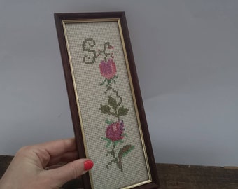 Vintage embroidered Floral wall hanging Cross stitch picture Spring embroidery with pink flowers