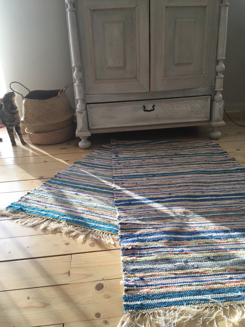Swedish Vintage Long Rag Rug Woven Striped Blue Image 0