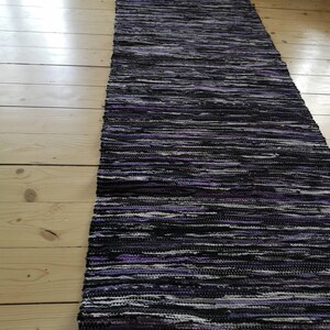 Swedish Vintage extra long Rag rug Woven rag rug Striped purple black rug Woven Scandinavian handmade rug
