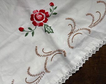 Antique embroidered table cloth Shabby table cloth White red table cloth