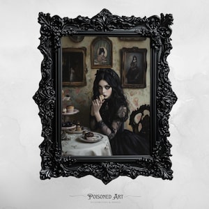 Poster per festa del tè con ragazza gotica - Stampa artistica con macaron dall'estetica dark, decorazione murale alternativa vintage, stampa arrotolata con dolce arte gotica per la casa