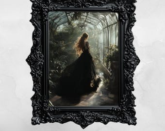 Stampa artistica di una ragazza in serra gotica – Dark Botanical Fantasy (download digitale)