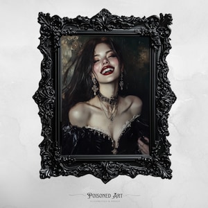 Decorazione estetica vintage con streghe e vampiri - Stampa di ragazza gotica fantasy dark, decorazione da parete Dark Academia, donna vampiro sorridente, estetica dark goth