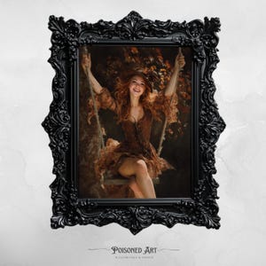 Puede incluir: Una impresión enmarcada que presenta a una mujer en un columpio, con un vestido marrón y cabello rojo. El marco negro tiene detalles ornamentados. La obra de arte está ambientada sobre un fondo de follaje otoñal. El texto "POISONED ART ILLUSTRATION & DESIGN" está en la parte inferior.