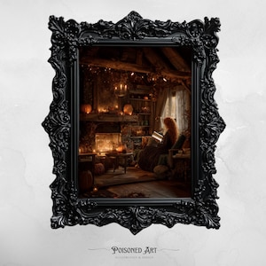 May include: A framed print featuring a cozy interior scene. The artwork depicts a person with red hair reading by a fireplace, surrounded by pumpkins and warm lighting. The ornate black frame adds a touch of elegance to the autumnal theme.