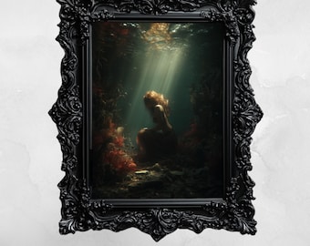 Impresión artística de sirena oscura, océano vintage, póster de sirena gótica