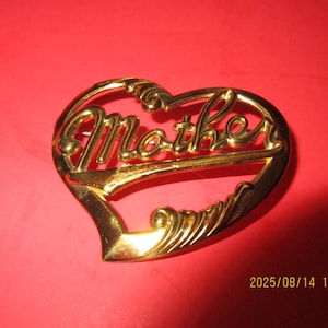 Vintage Mother&#39;s Brooch - Heart Shaped - Gold Tone Metal    circa  1950&#39;s