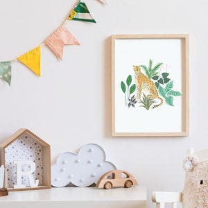 Cute cheetah in the jungle print. Nursery wall art. Childrens bedroom. Nature, tropical plants. Exotic animal, big cat illustration. image 1