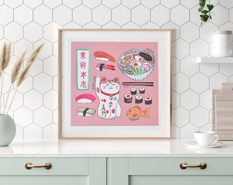 Ramen and Lucky cat square mini art print