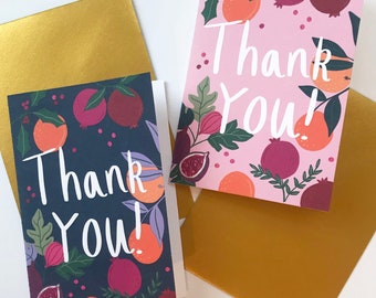 Botanical Fruits Thank You Card (A6). Pink and Navy colourway. Can be personalised.