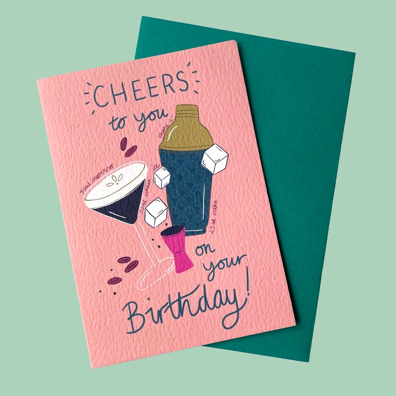 Cheers to you on your Birthday Espresso Martini themed A6 Birthday card. Can be personalised. image 1