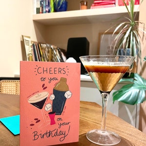 Cheers to you on your Birthday Espresso Martini themed A6 Birthday card. Can be personalised. image 2