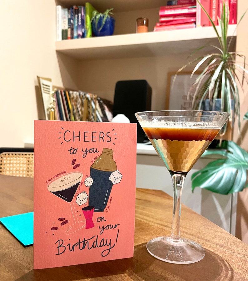 Cheers to you on your Birthday Espresso Martini themed A6 Birthday card. Can be personalised. image 2