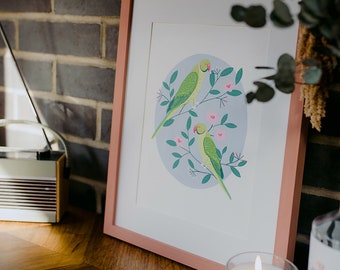 Green Parakeets in Blossom Art Print