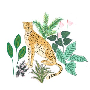 Cute cheetah in the jungle print. Nursery wall art. Childrens bedroom. Nature, tropical plants. Exotic animal, big cat illustration. image 4