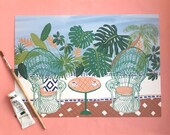 Coffee on a beautiful balcony in the jungle art print. Illustration of colourful, tropical plants, rattan peacock chairs and tiles.