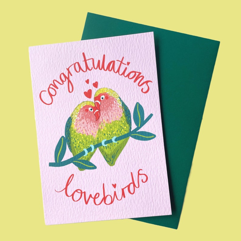 Congratulations lovebirds A6 gender neutral Greetings card. Can be personalised. image 1