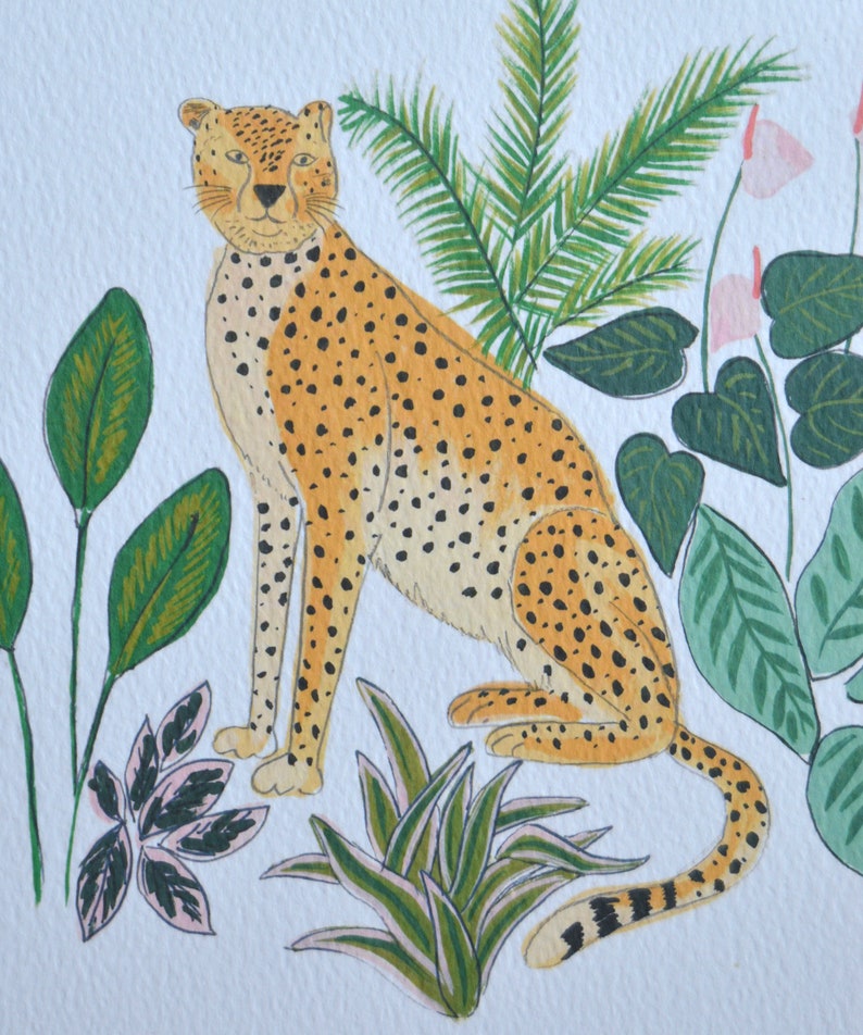 Cute cheetah in the jungle print. Nursery wall art. Childrens bedroom. Nature, tropical plants. Exotic animal, big cat illustration. image 3