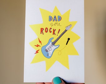 Rockstar Fathers Day Card. ' Dad you Rock!' (A6) Electric guitar music themed card for musical Dads. Blank inside, can be personalised.