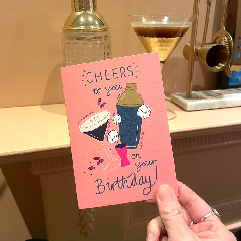 Cheers to you on your Birthday Espresso Martini themed A6 Birthday card. Can be personalised. image 4