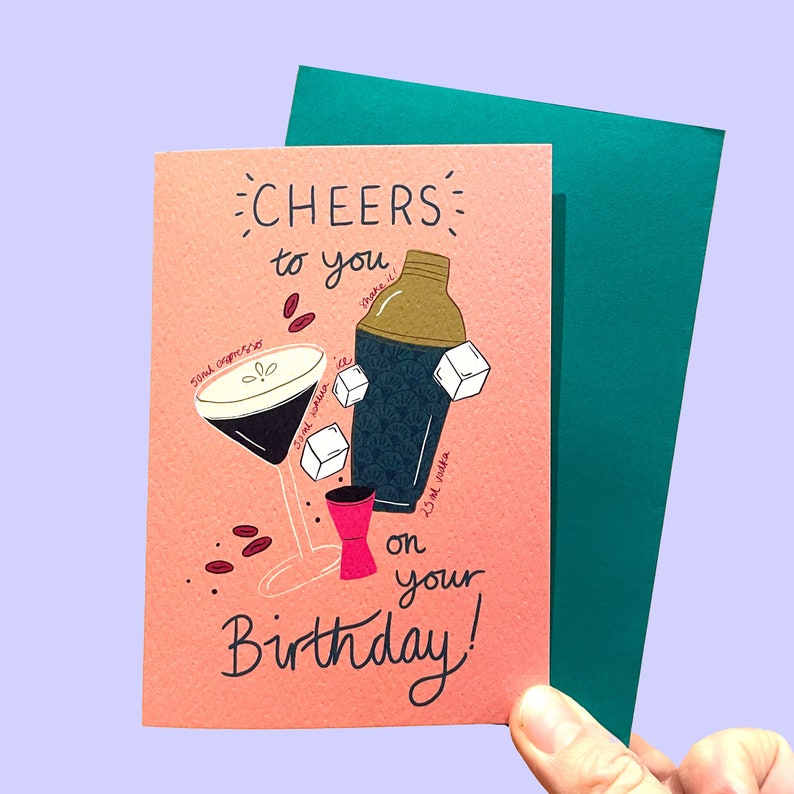 Cheers to you on your Birthday Espresso Martini themed A6 Birthday card. Can be personalised. image 3