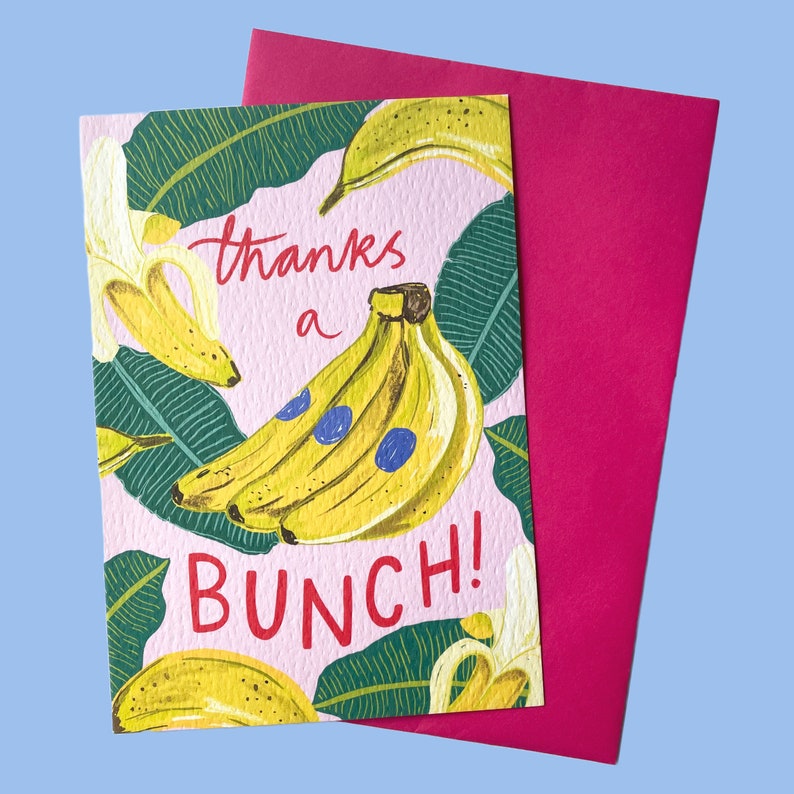 Thanks a bunch Bananas design. A6 Greetings card. Can be personalised. Pink