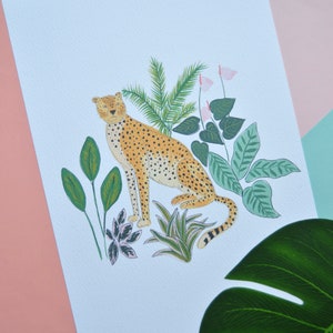 Cute cheetah in the jungle print. Nursery wall art. Childrens bedroom. Nature, tropical plants. Exotic animal, big cat illustration. image 2