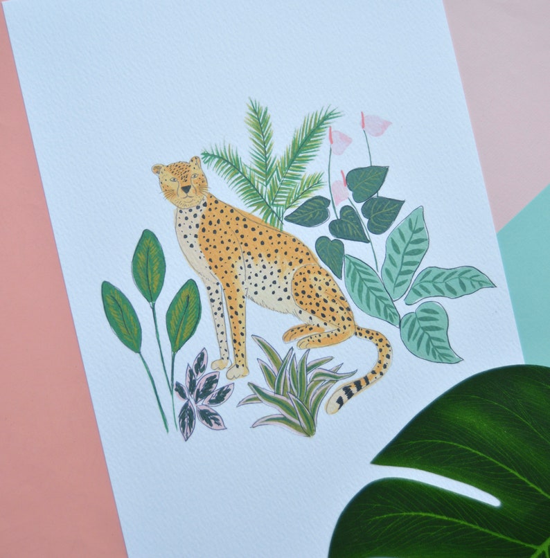 Cute cheetah in the jungle print. Nursery wall art. Childrens bedroom. Nature, tropical plants. Exotic animal, big cat illustration. image 2