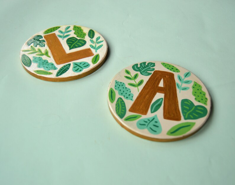 set of 2 gold alphabet letter hand painted ceramic