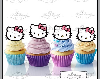 10 x pcs KITTY Edible CARD Wafer paper Cup Cake Topper Birthday Party pink