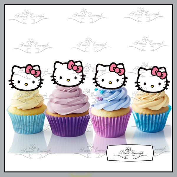 10 x KITTY Essbare KARTEN aus Oblatenpapier Cup Cake Topper Geburtstagsparty pink