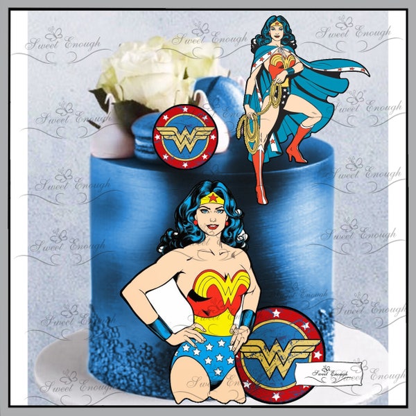 7 x pcs WONDERWOMAN super hero Edible CARD Wafer paper Cake Topper Birthday Party boys