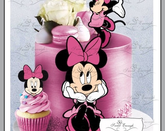 10 x MINNIE MOUSE CARTE Comestible Gaufrette en papier pour décoration de gâteau Fête d'anniversaire rose