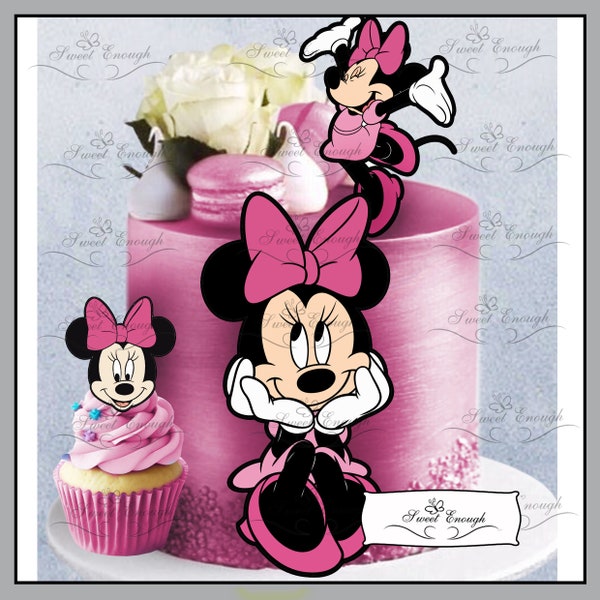 10 x stuks MINNIE MOUSE Eetbare KAART Waferpapier Taarttopper Verjaardagsfeestje roze