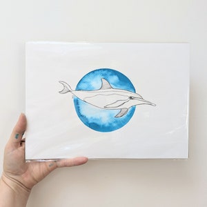 Disegno a inchiostro originale del delfino su carta acquerello A4