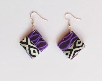 Paper earrings, purple, black and white