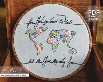 John 3:16, For God So Loved the World, PDF, Floral Map, Hoop, Embroidery, Guide, Pattern, Scripture, Christian, Gift