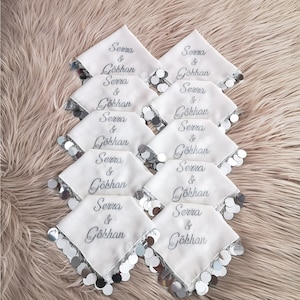 White Customized embroidered Mendil, Handmade Dancing Scarf, Halay Mendili, handkerchief Tanztücher  Dabke Gold and Silver embroidery