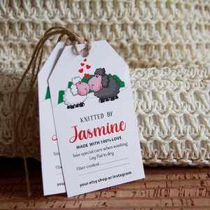 Set von 50 benutzerdefinierten Kleidungsetiketten, Etiketten für handgemachte Artikel, Kundenspezifische Pflegeanhänger, Nähen und Stricken, Aufhängeetiketten, Made with love Label